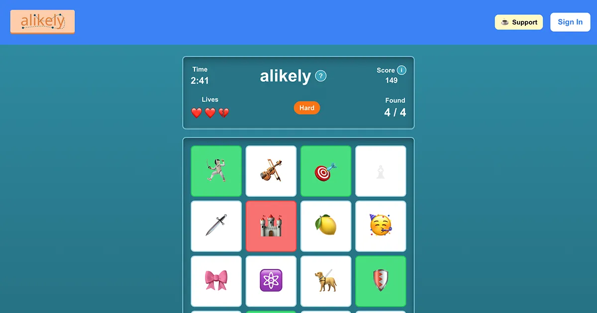 An alikely board of emoji tiles with matches in green and a wrong guess in red, showing time, lives and score