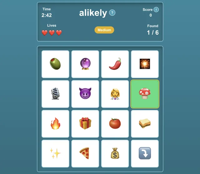 An alikely board on a Medium day: a four-by-four grid of emoji under a panel with the timer, three heart lives, the score and Found 1 / 6, the free mushroom tile shown in green.