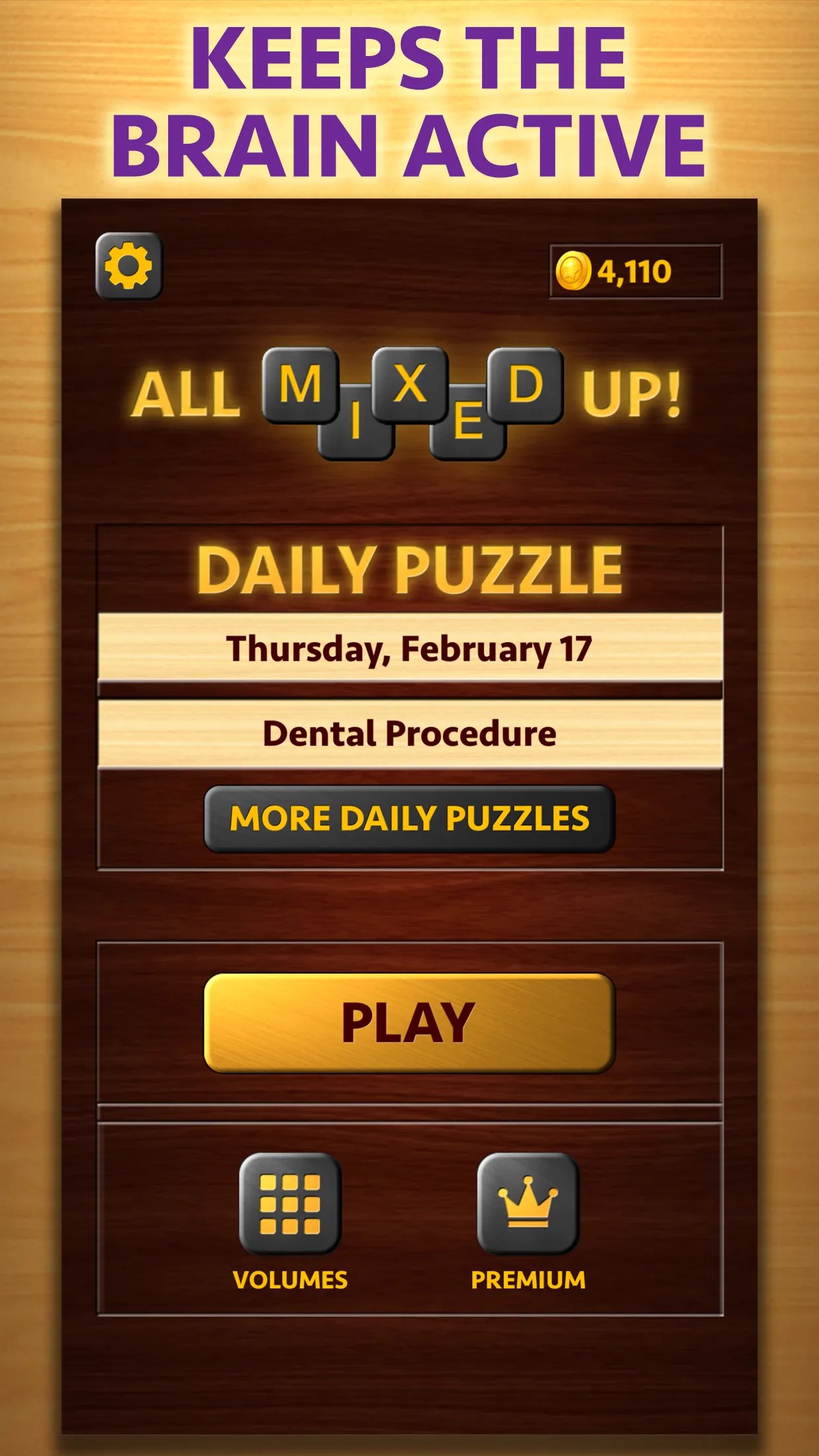 The All Mixed Up home screen with the Daily Puzzle for Thursday, February 17, titled Dental Procedure, and a Play button