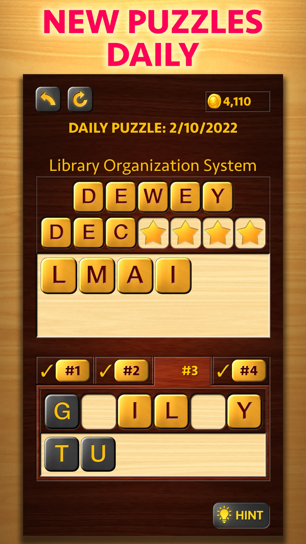 An All Mixed Up Daily Puzzle dated 2/10/2022 with the clue Library Organization System and DEWEY spelled in wooden tiles