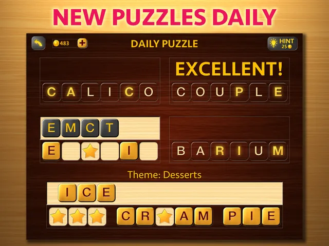 A solved All Mixed Up daily puzzle on iPad: four unscrambled words above the dessert-themed answer ICE CREAM PIE