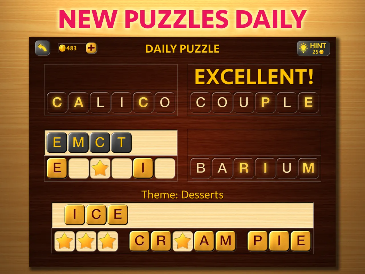 A solved All Mixed Up daily puzzle on iPad: four unscrambled words above the dessert-themed answer ICE CREAM PIE