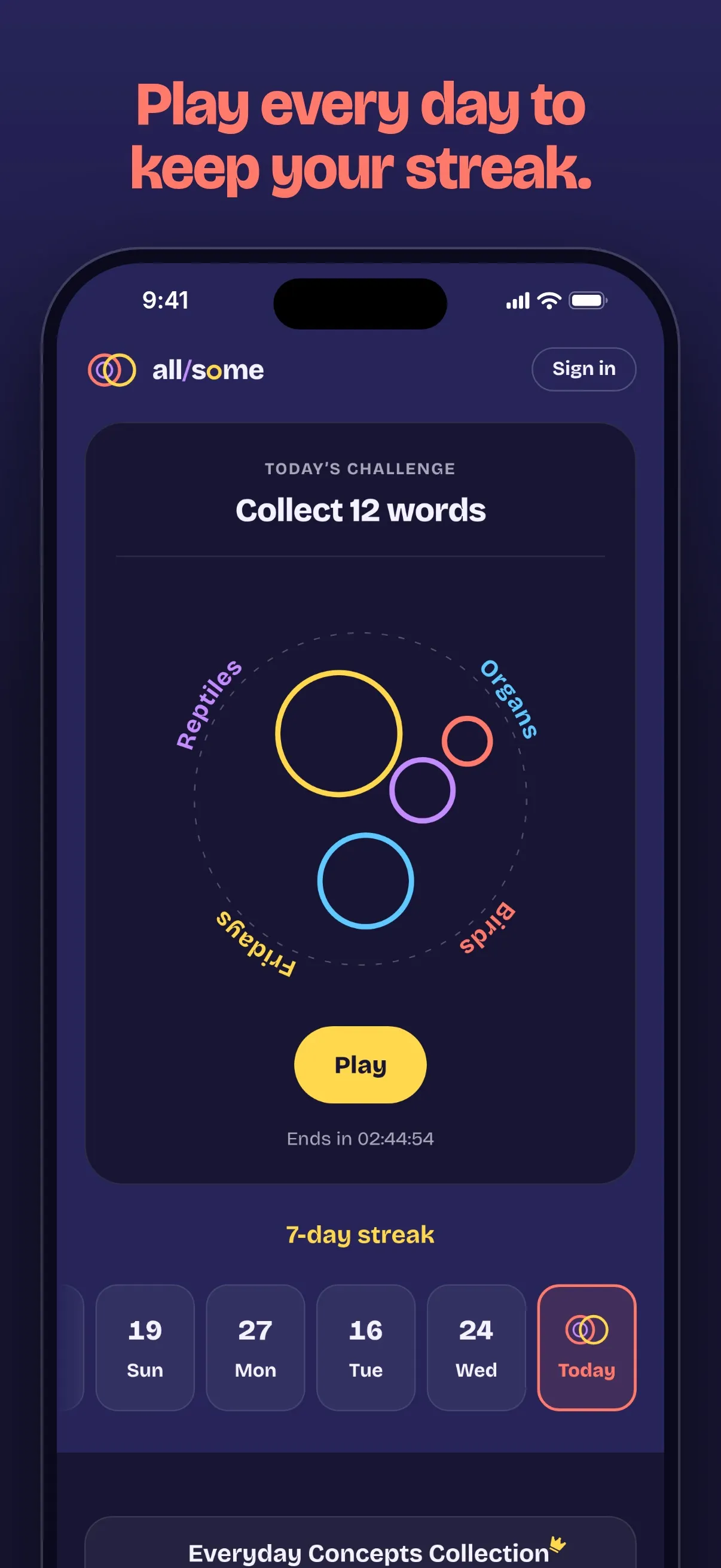 All/Some home screen on iPhone: today's challenge to collect 12 words, a circle diagram of Reptiles, Organs, Fridays and Birds, and a 7-day streak row