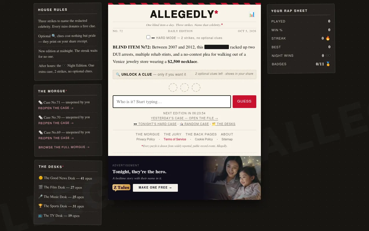 The Allegedly daily edition for 5 October 2026 with the blind item, three strike circles, the guess box and the house rules beside it
