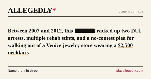Allegedly blind item No. 72: a story about two DUI arrests and a Venice jewellery store necklace with the celebrity's name blacked out