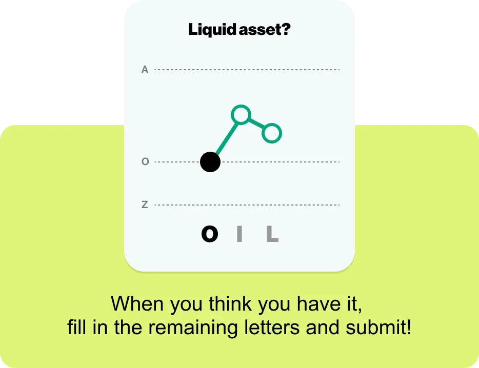 The same Alphadots puzzle with O plotted on the chart and the answer OIL filled in
