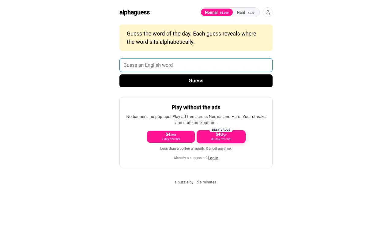 alphaguess Normal #1169: the guess box and Guess button under 'Guess the word of the day'