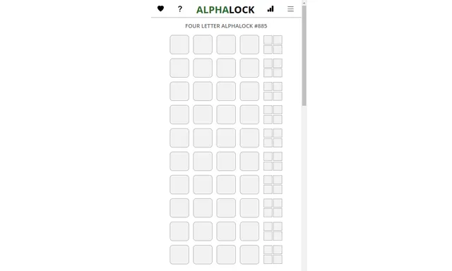 Four Letter Alphalock #885: an empty board of ten guess rows, each with four letter boxes and a two-by-two block of feedback squares