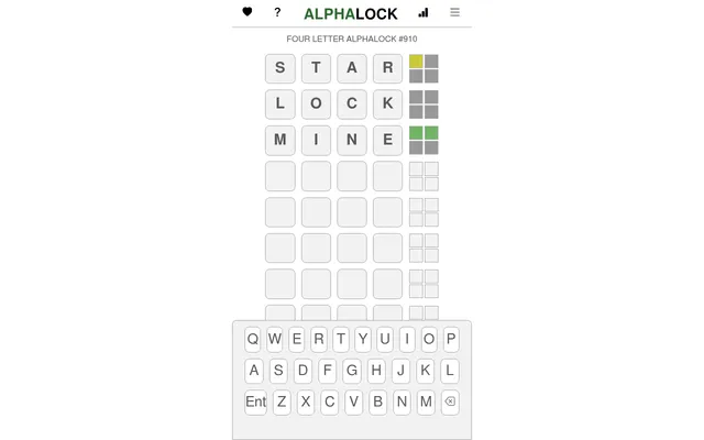 Four Letter Alphalock #910 on 27 October 2026 with the guesses STAR, LOCK and MINE, each beside a two-by-two block of green, yellow and grey count squares