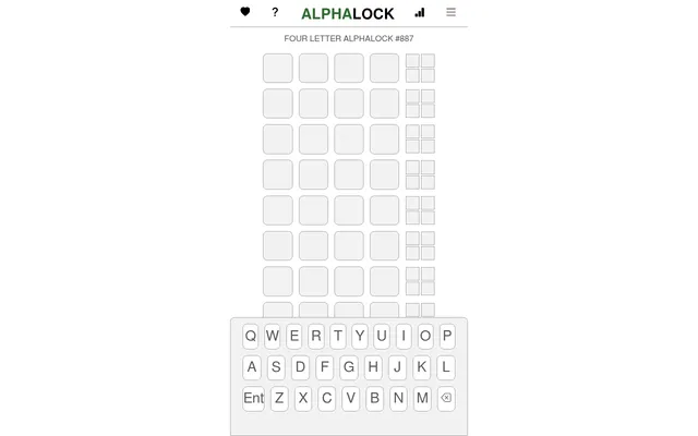 Four Letter Alphalock #887: an empty board of guess rows, each with four letter boxes and a two-by-two block of feedback squares, above an on-screen keyboard