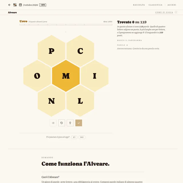 Alveare board for 3 ottobre 2026: seven letters in a honeycomb with M in the centre, and the count of 119 words to find