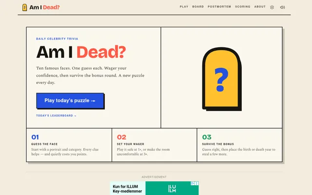 The Am I Dead? start page: Play today's puzzle button beside a tombstone with a question mark, above the three steps Guess the Face, Set Your Wager and Survive the Bonus