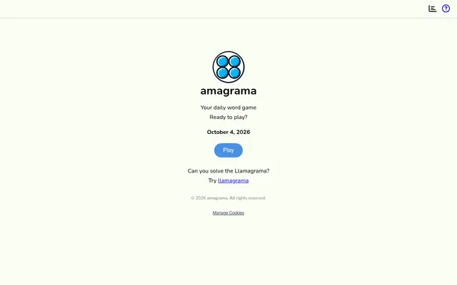 Amagrama start screen: the four-bubble logo, Your daily word game, the date October 4, 2026 and a Play button