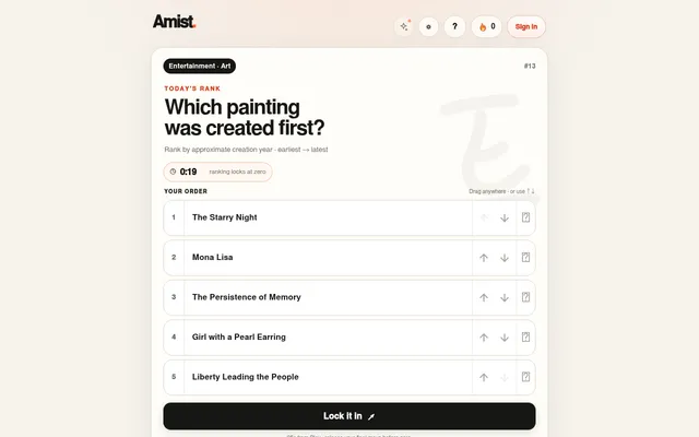 An Amist daily ranking in play: the question Which painting was created first, five painting cards with up and down arrows, a 25-second timer and a Lock it in button