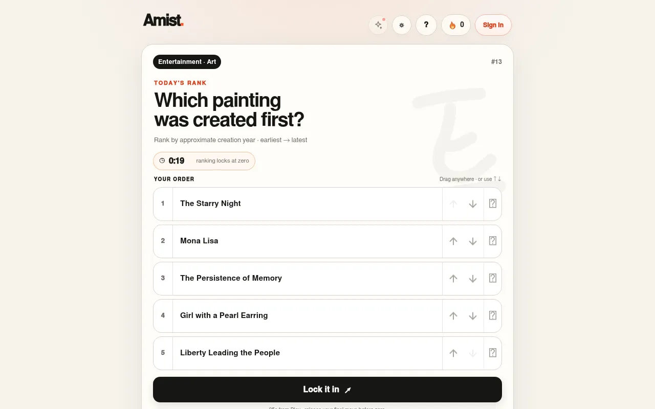 An Amist daily ranking in play: the question Which painting was created first, five painting cards with up and down arrows, a 25-second timer and a Lock it in button