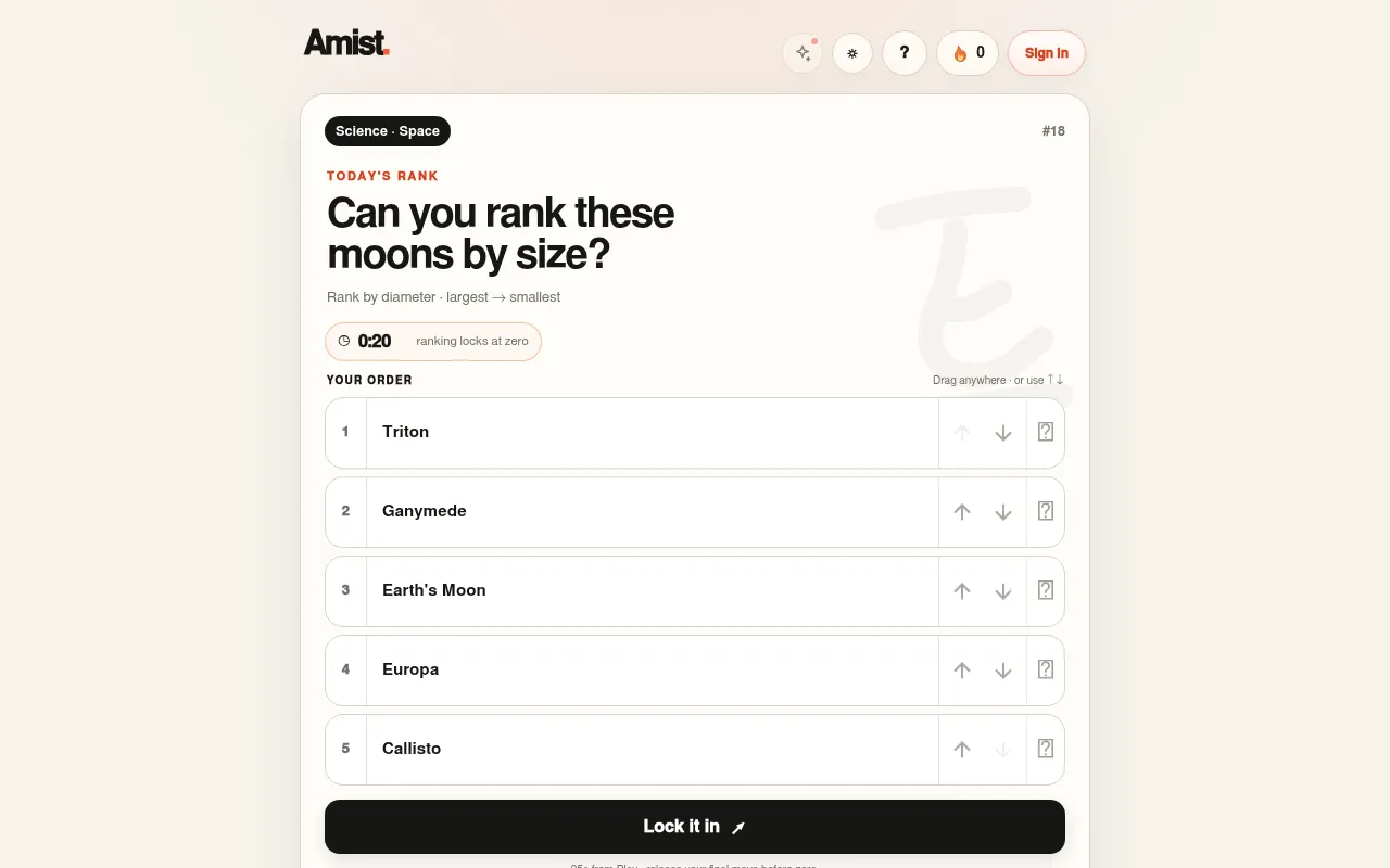Amist daily ranking #18 in play: Can you rank these moons by size, five moons from Triton to Callisto with up and down arrows, a 0:20 timer and a Lock it in button