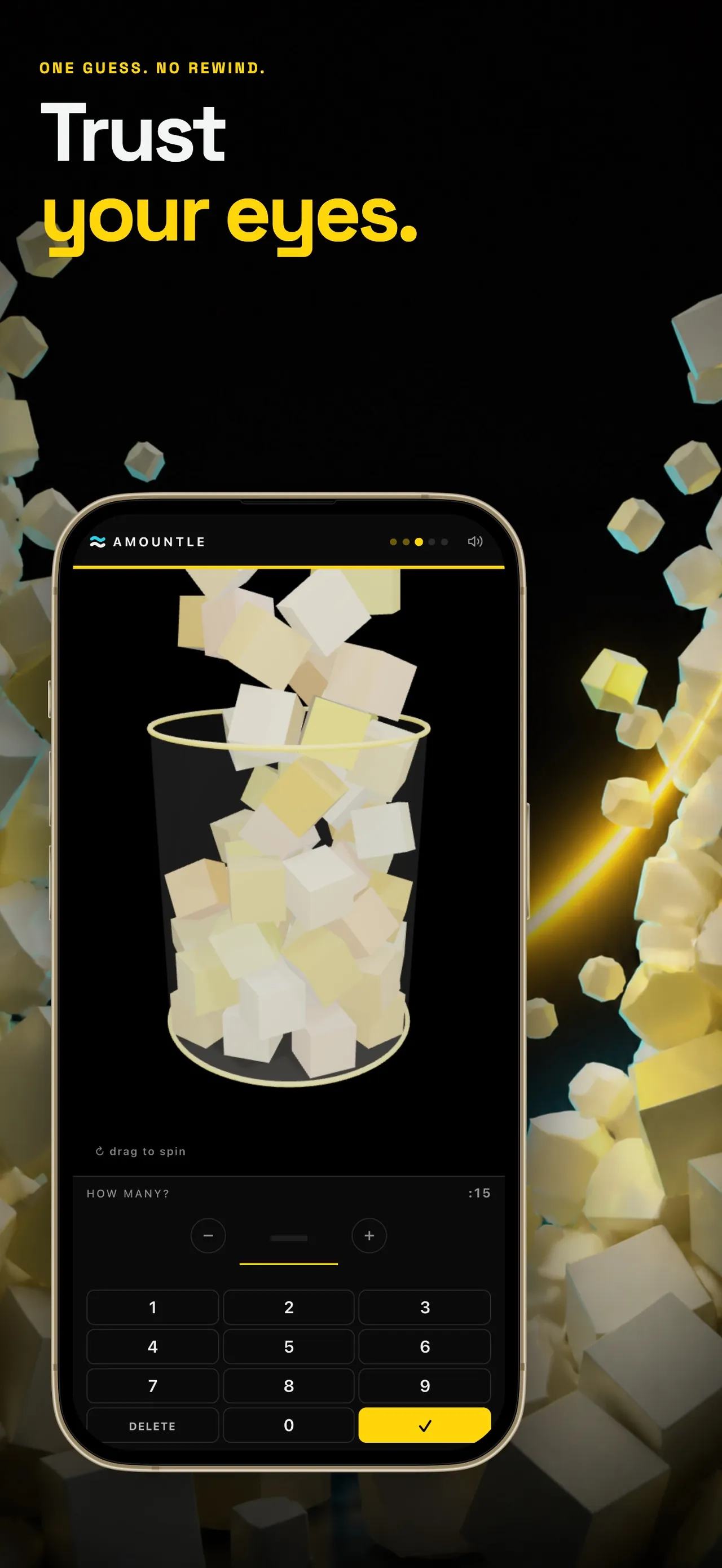 Amountle App Store screenshot: pale cubes pouring into a glass on an iPhone, with the how many keypad below