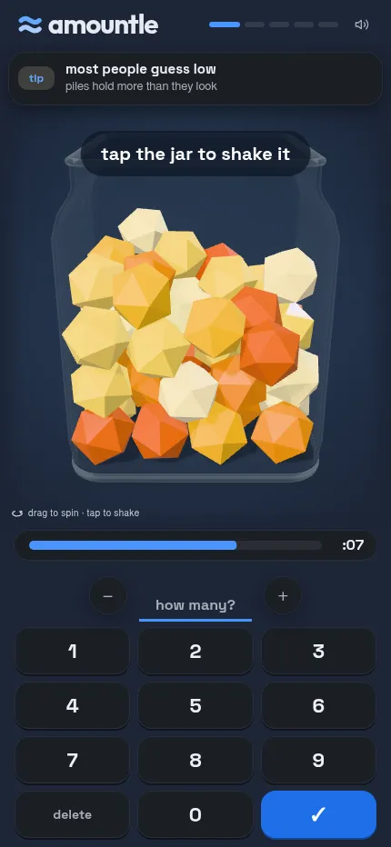 Amountle at phone size: a jar of polyhedra with a tip that piles hold more than they look, a timer bar and a number keypad