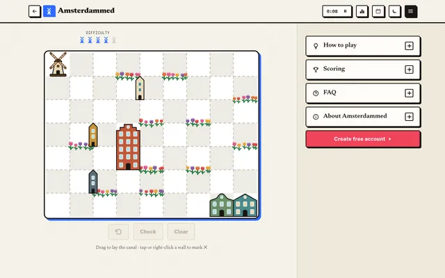 An Amsterdammed board: a grid of canal squares with a windmill, canal houses and tulip beds to route the loop around, four-of-five windmill difficulty, and Check and Clear buttons
