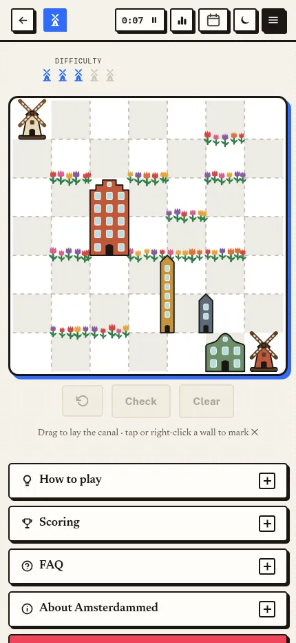 Amsterdammed at phone size on 21 October 2026: the 7 by 7 canal grid fills the screen width, with Check and Clear buttons and the how to play and scoring panels below
