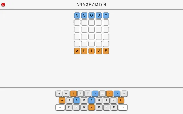 Anagramish daily board for 18 October 2026: start word GOODY in blue at the top, end word ALIVE in orange at the bottom, four empty rows between and a colour-coded keyboard below