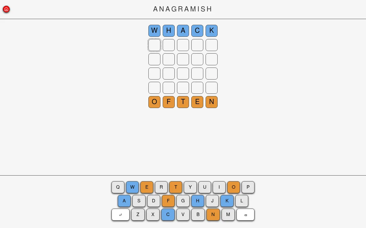 Anagramish board: start word WHACK in blue at the top, end word OFTEN in orange at the bottom and four empty rows between, with a coloured keyboard below