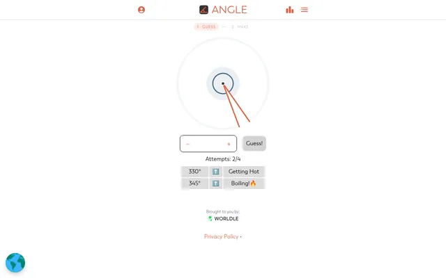 Angle's board on 19 October 2026: two red arms with a reflex arc, two guesses of 330 and 345 degrees marked Getting Hot and Boiling with higher arrows, attempts 2 of 4