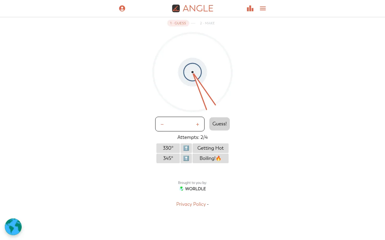 Angle's board on 19 October 2026: two red arms with a reflex arc, two guesses of 330 and 345 degrees marked Getting Hot and Boiling with higher arrows, attempts 2 of 4