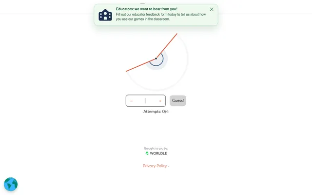 Angle's daily puzzle: two red lines meeting at a point with the angle between them to guess in degrees, a number box with minus and plus, and attempts 0 of 4