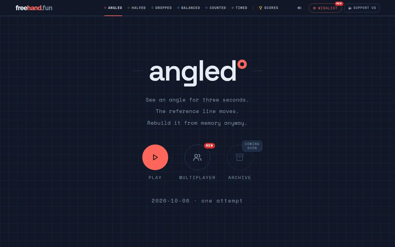 Angled's start screen with its logo and the Play, Multiplayer and Archive buttons