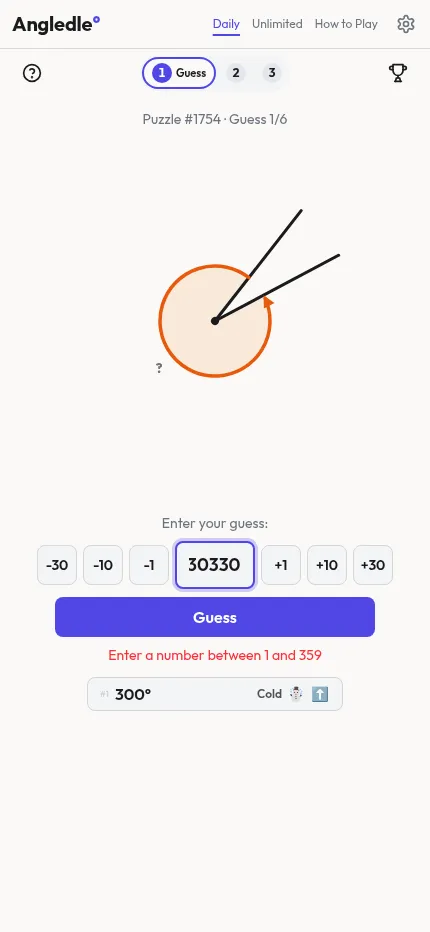 Angledle on a phone after a first guess of 300 degrees, marked cold with an up arrow, below the angle picture for puzzle #1754
