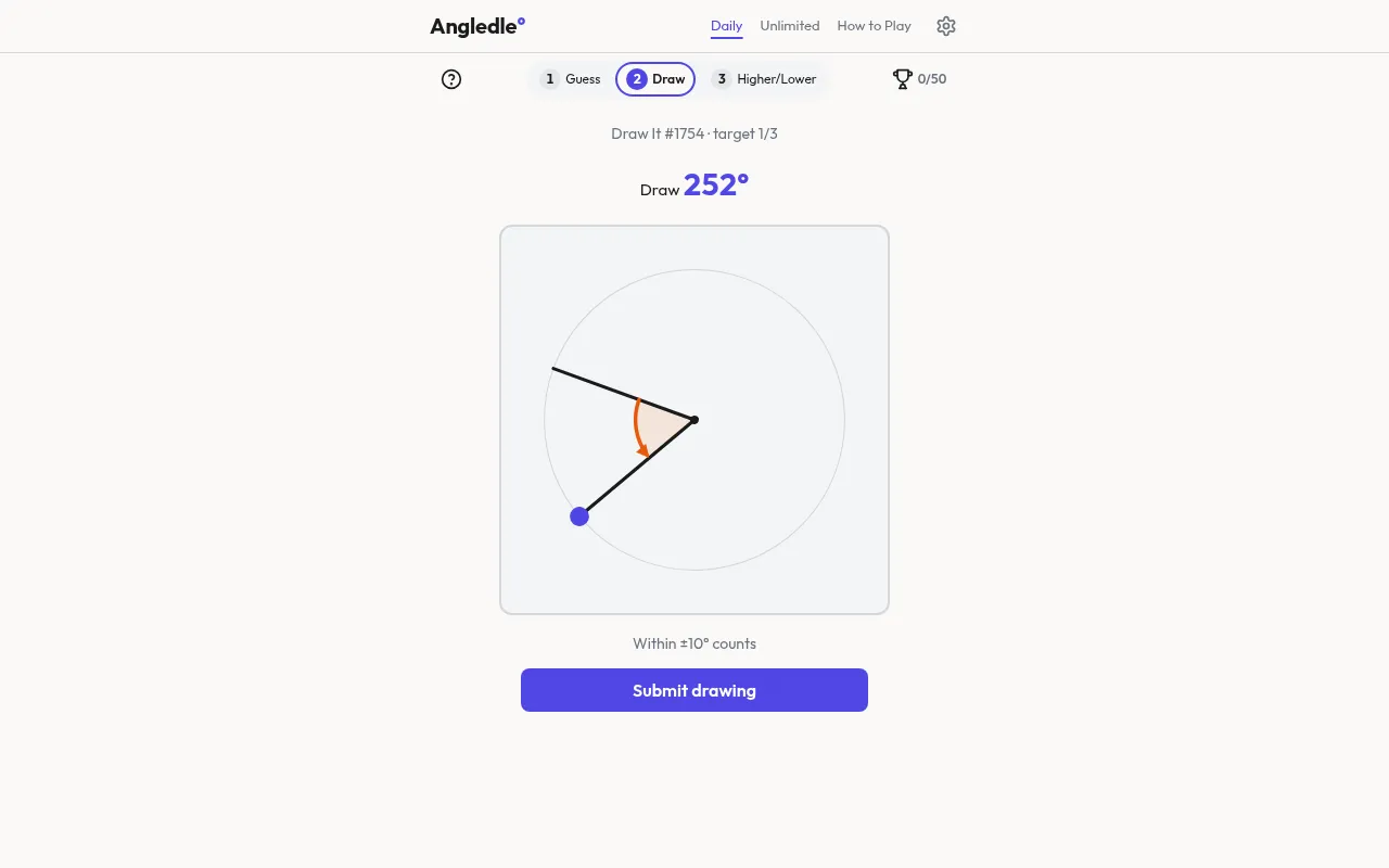 Angledle Draw It mode on 22 October 2026: a circle with a fixed ray and the prompt Draw 252 degrees, the first of three targets