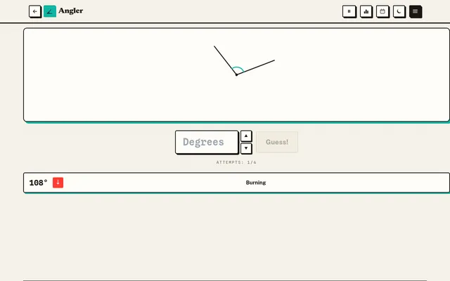 Today's Angler board on a desktop: two rays meeting at a teal-marked angle, with a first guess of 108 degrees marked Burning and a down arrow, Attempts 1 of 4