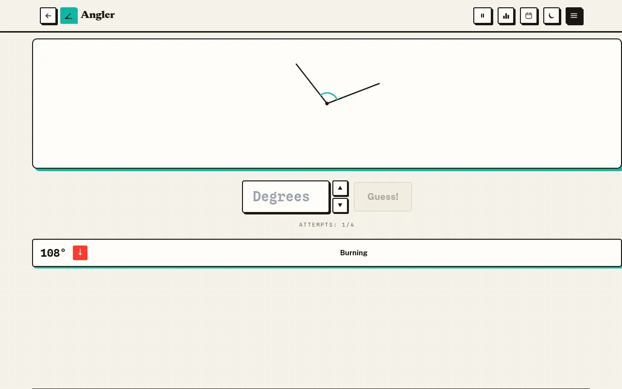 Today's Angler board on a desktop: two rays meeting at a teal-marked angle, with a first guess of 108 degrees marked Burning and a down arrow, Attempts 1 of 4