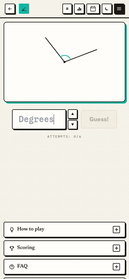 Angler at phone size: the day's angle above the Degrees box, its up and down arrows and the Guess button