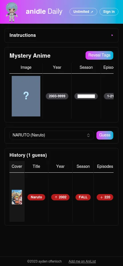 Anidle Daily at phone size after one guess: the Mystery Anime clue row and the history table, which scroll sideways on a narrow screen