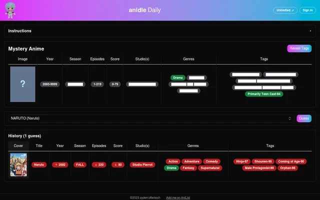Anidle Daily on a desktop after one guess: Naruto in the history row with red and green clue chips, and the Mystery Anime row narrowed to year 2003-9999, 1-219 episodes and a 0-79 score
