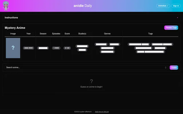 anidle Daily before the first guess: the Mystery Anime row with hidden image, year, season, episodes, score, studios, genres and tags, and a Search anime box with a Guess button