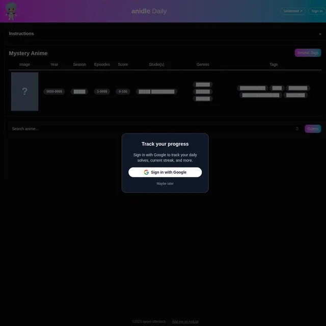 anidle Daily: a Mystery Anime clue row with hidden columns for image, year, season, episodes, score, studios, genres and tags, a Reveal Tags button, a search box with a Guess button, and an optional S