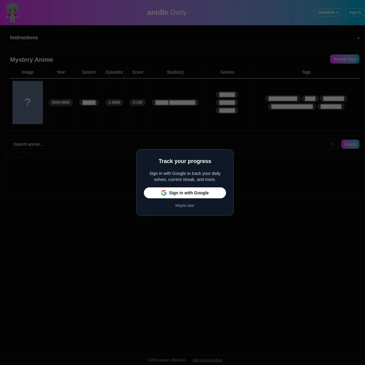 anidle Daily: a Mystery Anime clue row with hidden columns for image, year, season, episodes, score, studios, genres and tags, a Reveal Tags button, a search box with a Guess button, and an optional S