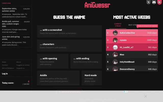 The AniGuessr home page: the Guess the Anime menu with screenshot, characters, opening, ending, Anidle and Hard mode, the streak leaderboard and the latest news