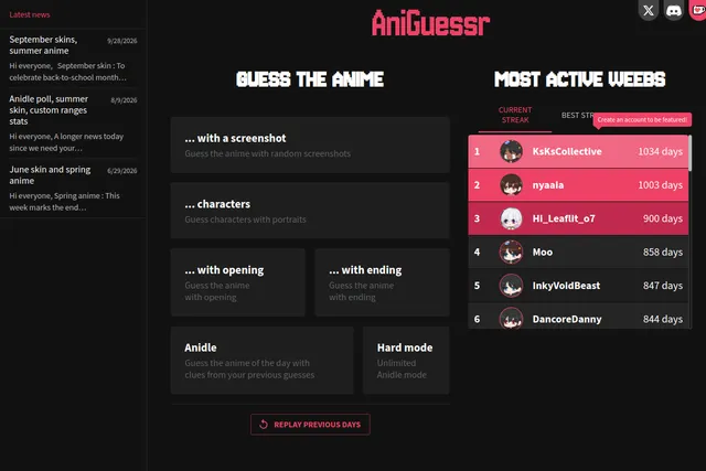 The AniGuessr home page: the Guess the Anime menu with screenshot, characters, opening, ending, Anidle and Hard mode, the streak leaderboard and the latest news
