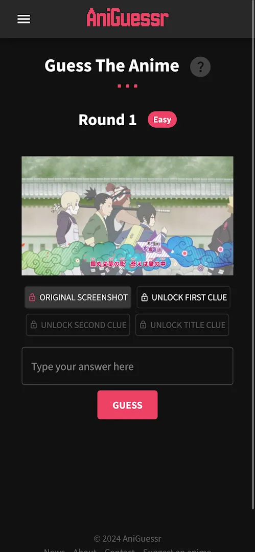 AniGuessr's Guess The Anime round 1 on a phone: an anime screenshot with buttons to unlock clues and a box to type the answer