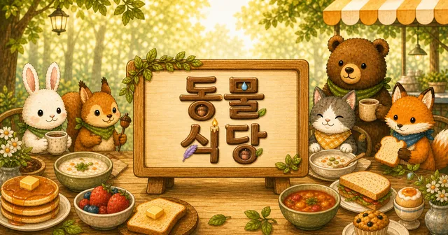 The 동물식당 sign surrounded by forest animals at a table of food