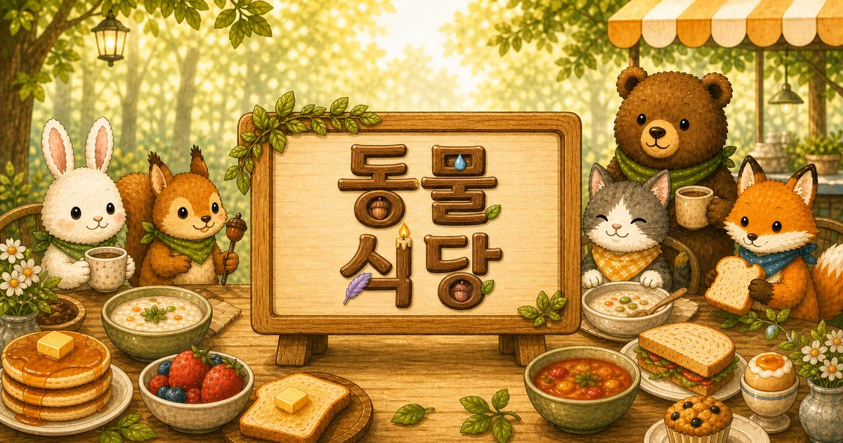 The 동물식당 sign surrounded by forest animals at a table of food