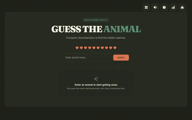 Animaldle Match Mode (Daily): Guess the Animal heading, ten hearts and a box to enter an animal name