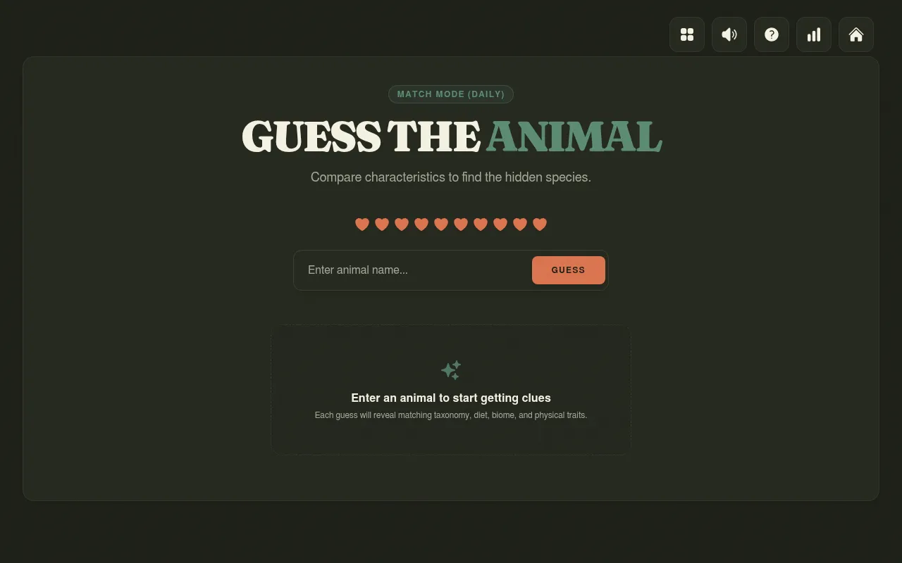 Animaldle Match Mode (Daily): Guess the Animal heading, ten hearts and a box to enter an animal name