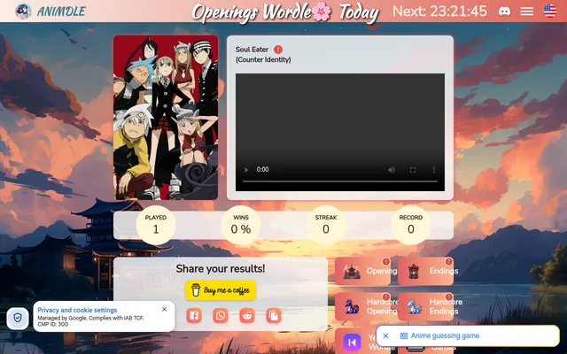 Animdle's Openings Wordle results for 18 October 2026: the answer Soul Eater (Counter Identity) with its art, the clip player, stats and the mode tiles