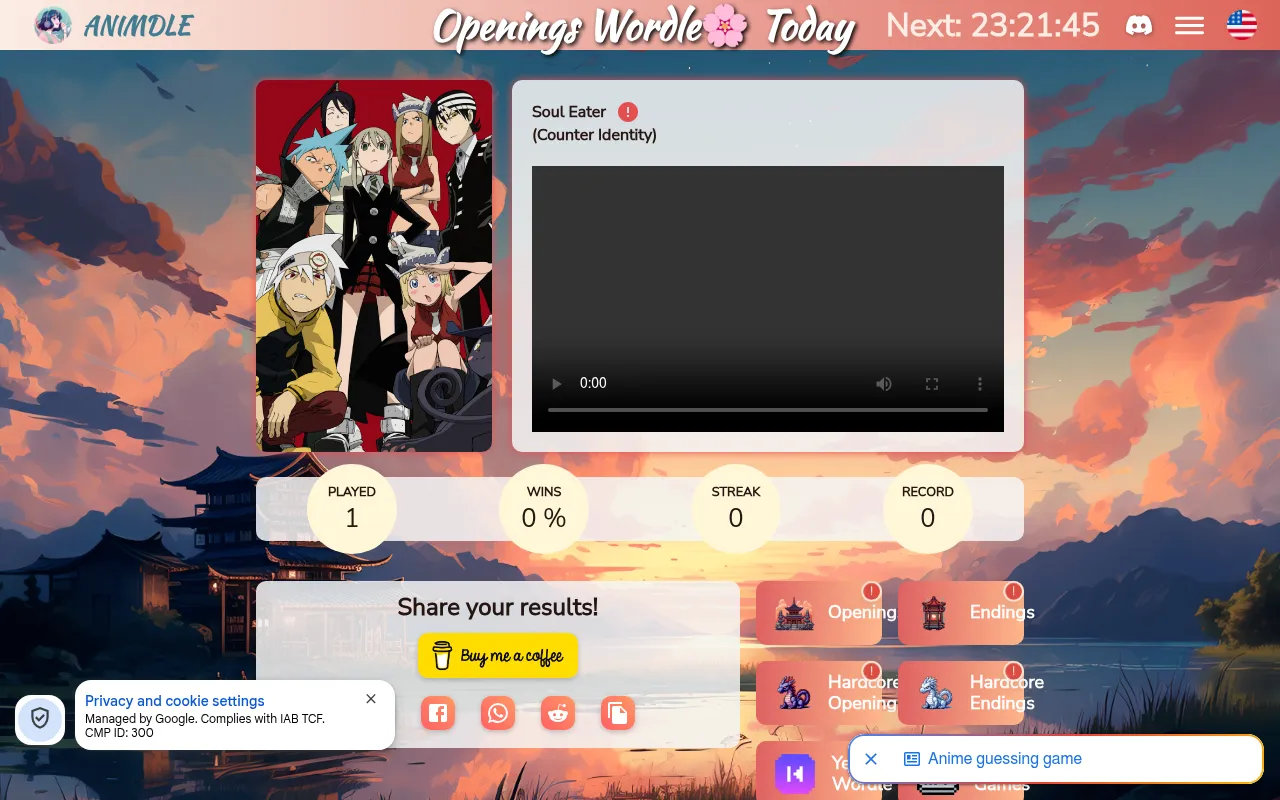 Animdle's Openings Wordle results for 18 October 2026: the answer Soul Eater (Counter Identity) with its art, the clip player, stats and the mode tiles