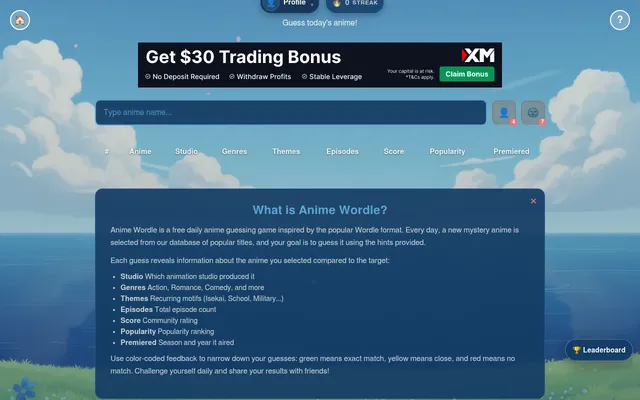 Anime Wordle Classic mode: the anime search box and hint buttons above the column headings Anime, Studio, Genres, Themes, Episodes, Score, Popularity and Premiered, with the rules panel below